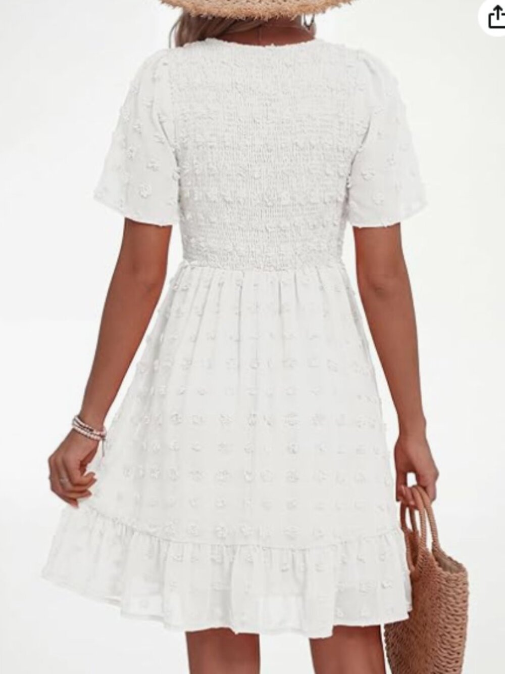 NWT Womens White Smocked Mini Dress Summer Vacation (M) - Picture 3 of 5